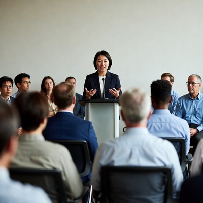 Asian woman speaking at business meeting