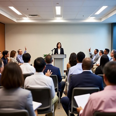 Asian woman speaking at business meeting