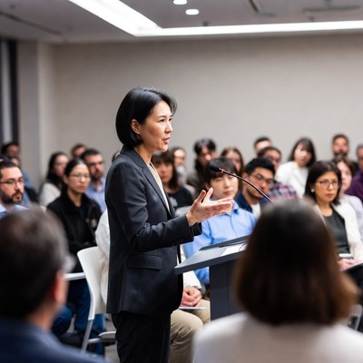 Asian woman speaking at podium