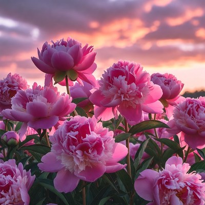 Pink Peonies in Sunset Field