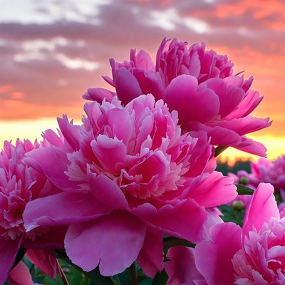 Pink peonies at sunset