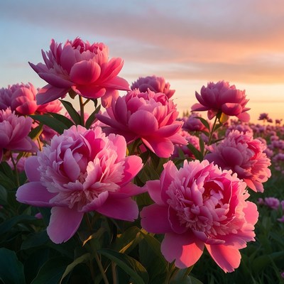 Pink Peonies in Sunset Field