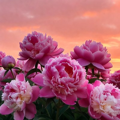 Pink Peonies Against Sunset Sky