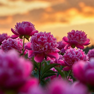 Pink Peonies in Sunset Field