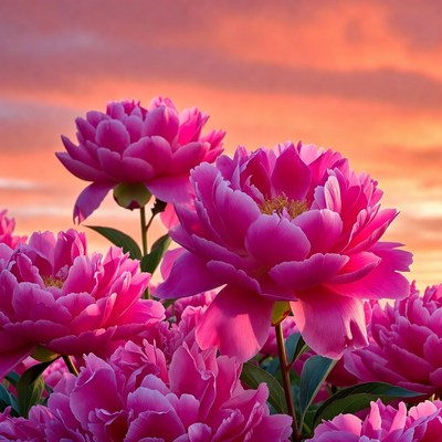 Pink peonies at sunset