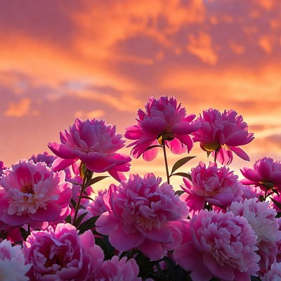Pink peonies in sunset sky