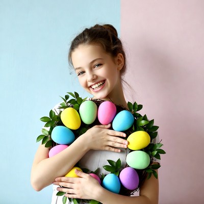 Girl holding colorful Easter egg wreath