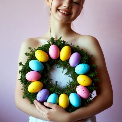 Girl holding Easter egg wreath