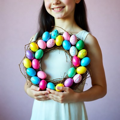 Girl holding Easter egg wreath