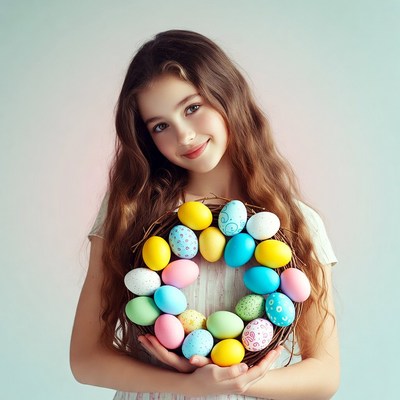 Girl holding Easter egg wreath