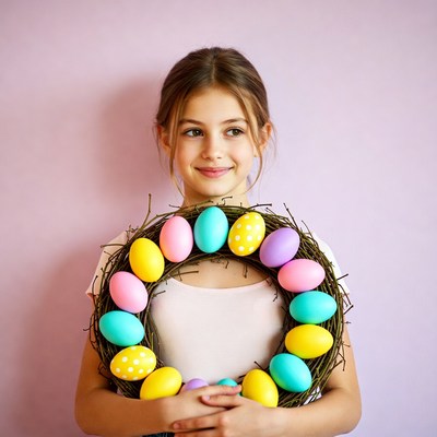 Girl holding colorful Easter egg wreath