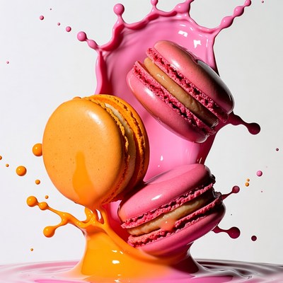 Pink and Orange Macarons in Paint Splash