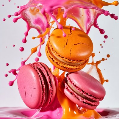 Colorful Macarons with Pink Orange Splashes