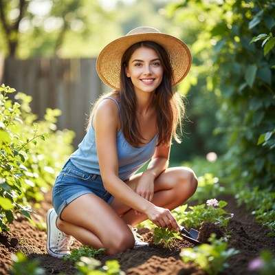 Woman gardening in garden wearing straw hat