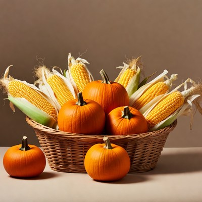 Pumpkins and Corn in Wicker Basket