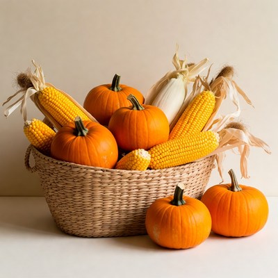 Basket of Pumpkins and Corn