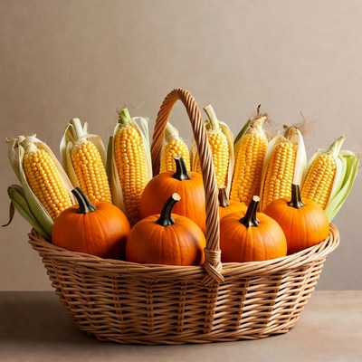 Basket of Corn and Pumpkins