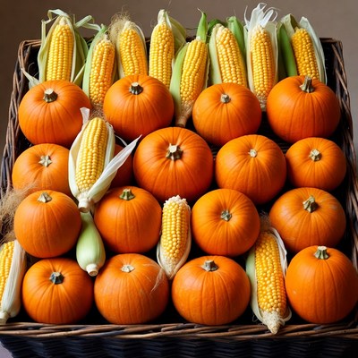Pumpkins and Corn in Wicker Basket