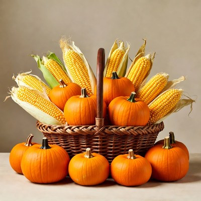 Basket of Pumpkins and Corn