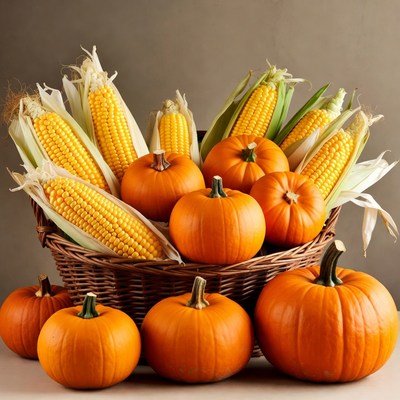 Basket of Pumpkins and Corn