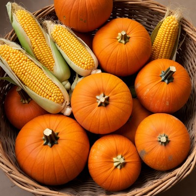 Pumpkins and Corn in Wicker Basket
