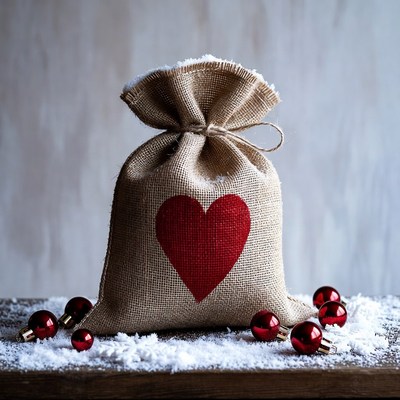 Burlap Heart Bag with Snow and Ornaments