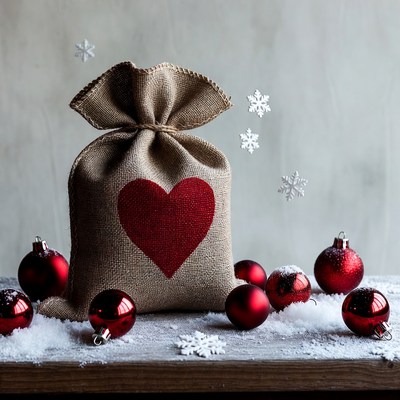 Burlap sack with red heart and Christmas ornaments