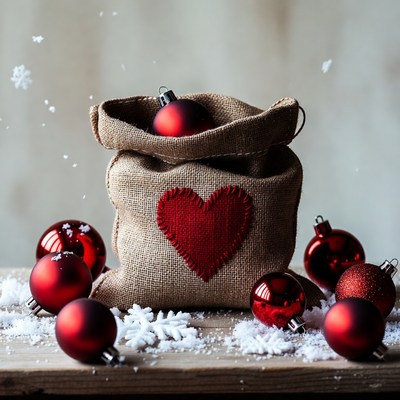 Burlap sack with red Christmas ornaments