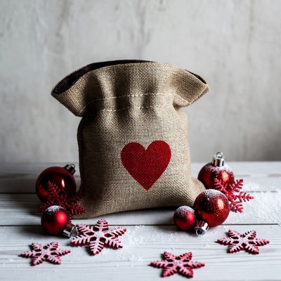 Burlap Heart Sack with Christmas Ornaments