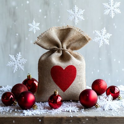 Burlap Heart Bag with Christmas Ornaments