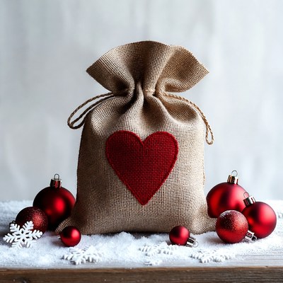 Burlap Heart Bag with Christmas Ornaments