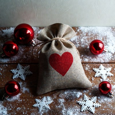 Burlap sack with red heart and Christmas ornaments