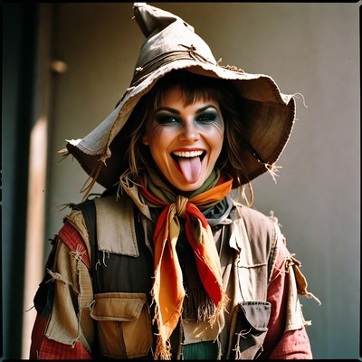 Woman in scarecrow costume sticking tongue out