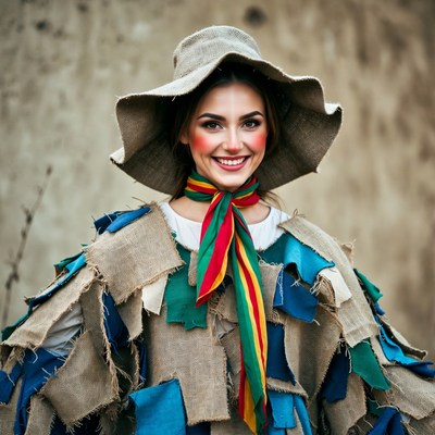 Woman in patchwork hat and dress