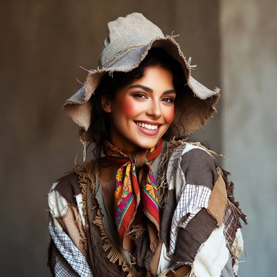 Smiling woman in burlap hat and scarf