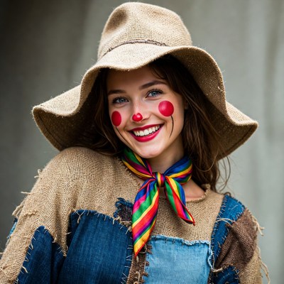 Woman in scarecrow costume smiling