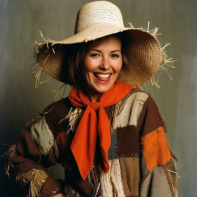 Woman in straw hat and scarecrow costume