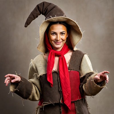 Woman in Scarecrow Costume with Witch Hat