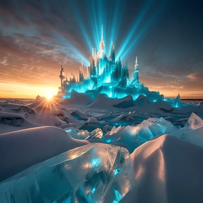 Glowing Ice Castle at Sunset