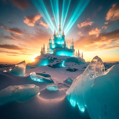 Ice Castle Glowing at Sunset