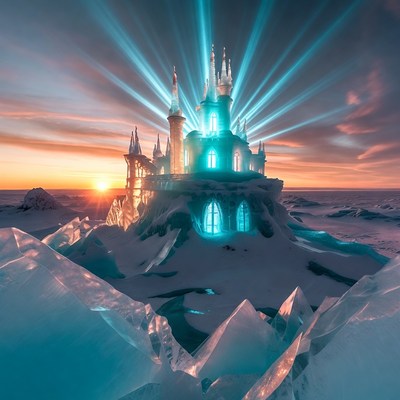 Ice Castle Glowing on Snowy Mountain