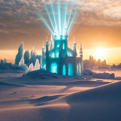 Ice Castle Glowing at Sunset