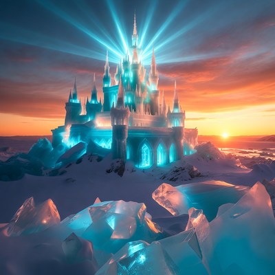 Glowing Ice Castle at Sunset