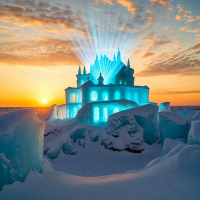 Ice Castle Glowing at Sunset