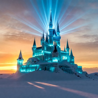 Ice Castle Glowing Blue at Sunset