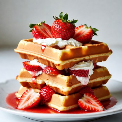 Waffles with strawberries and whipped cream