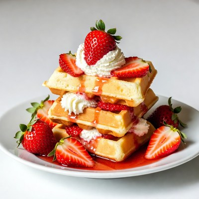 Stack of Waffles with Strawberries and Whipped Cream