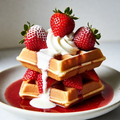 Waffles with strawberries and whipped cream