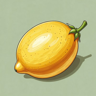 Illustrated yellow lemon with stem
