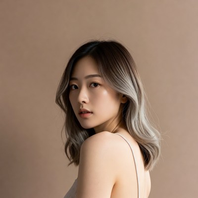 Asian woman with gray ombre hair